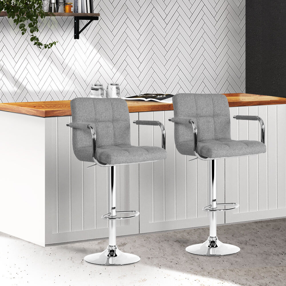 Artiss 2x Bar Stools Fabric Gas Lift w/Armrest Grey Price