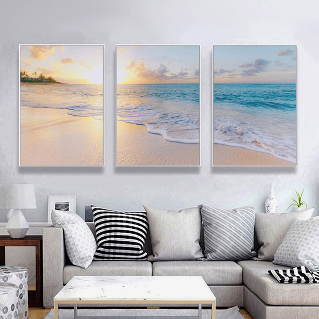 Ocean and beach 3 Sets White Frame Canvas Wall Art Price