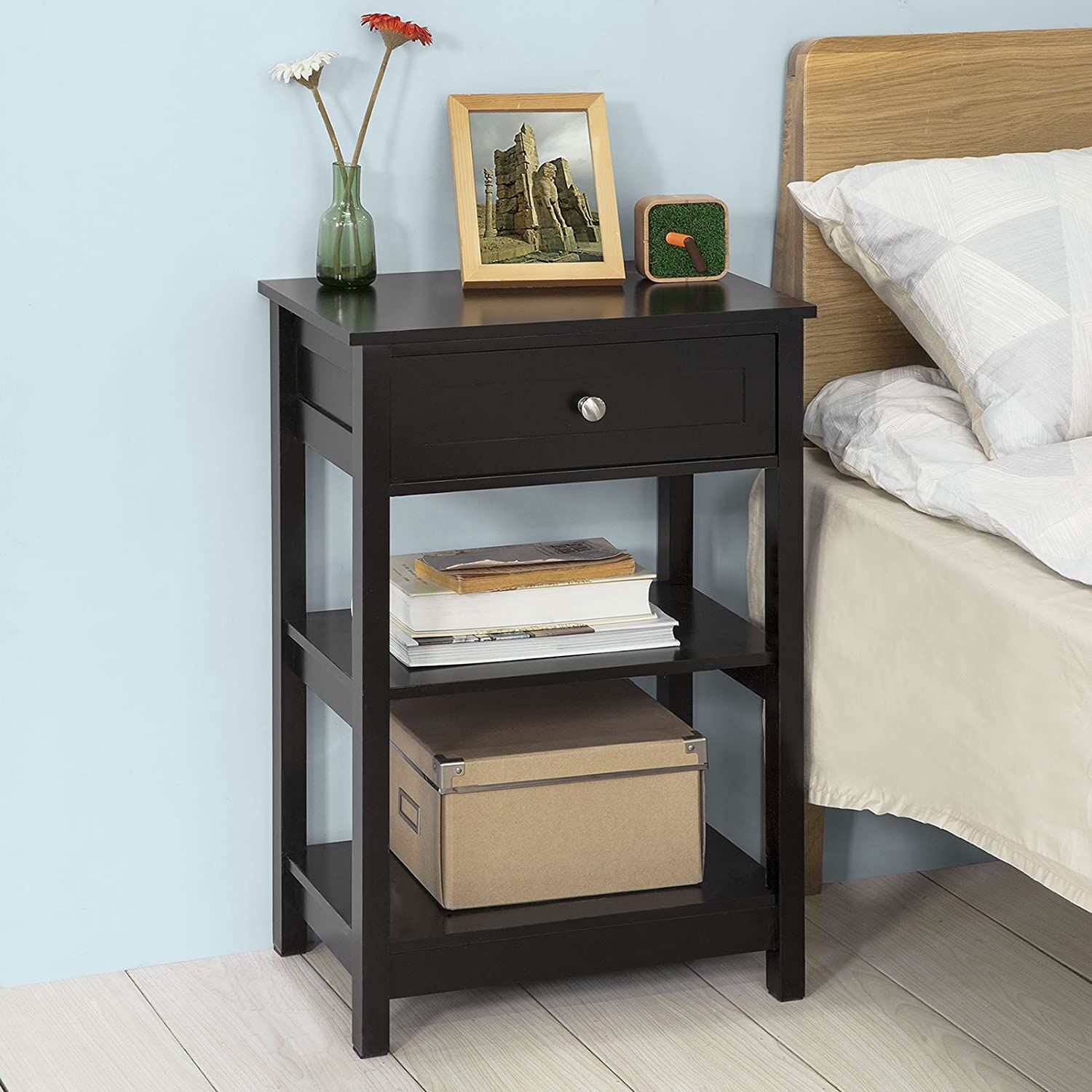 Tuscaloosa Black Bedside Table with 1 Drawer and 2 Shelves Price