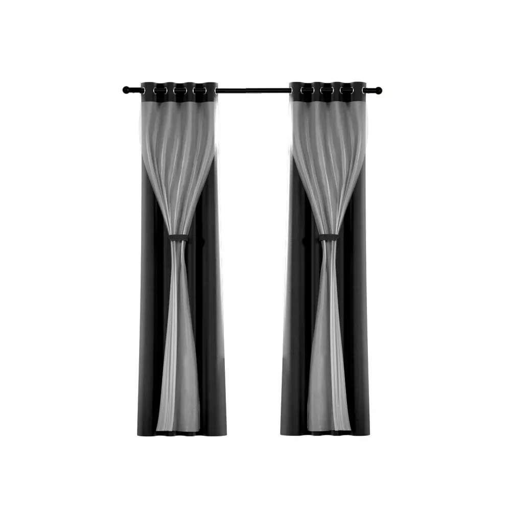 2X 132x160cm Blockout Sheer Curtains Black Price