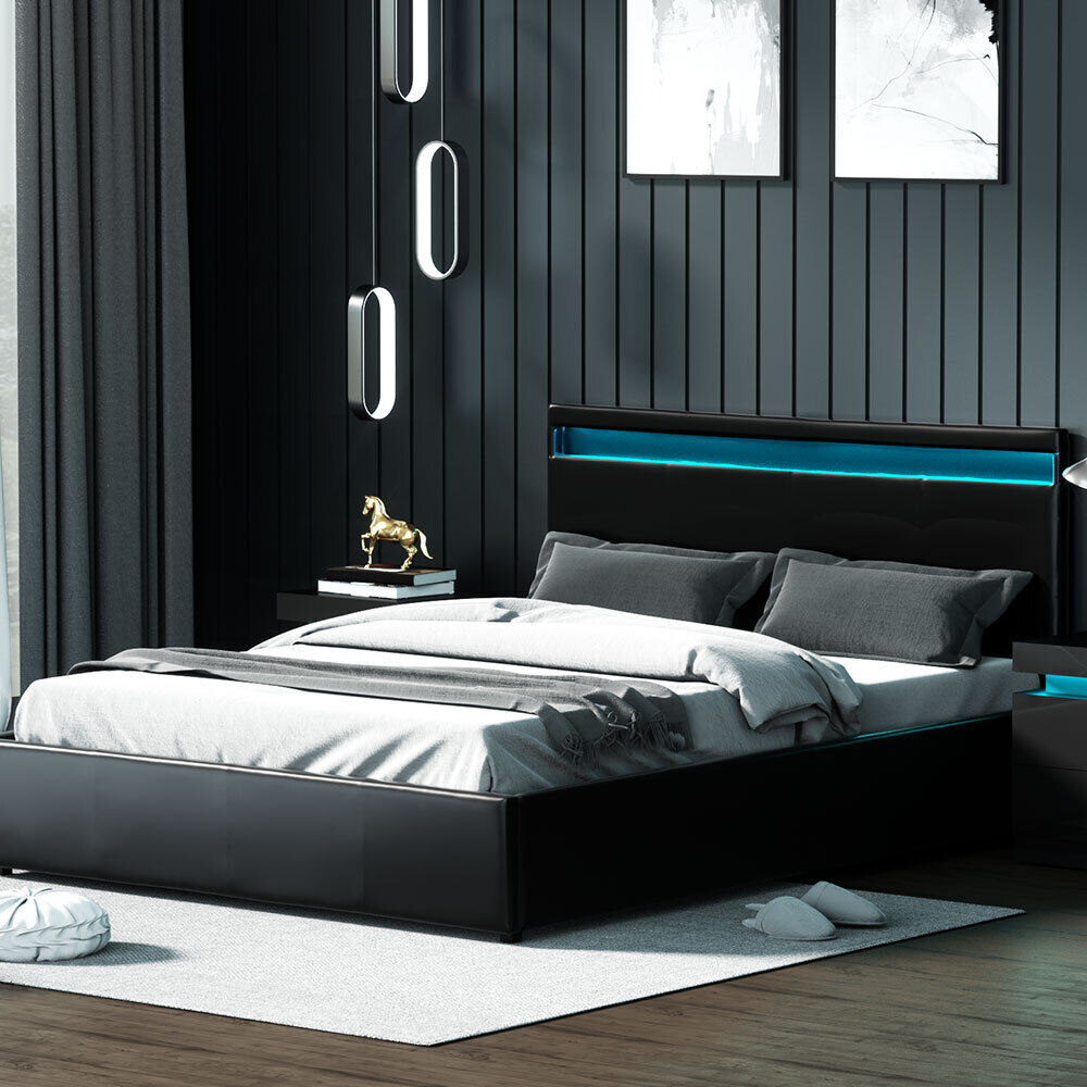 Washpool LED Bed Frame PU Leather Gas Lift Storage Price