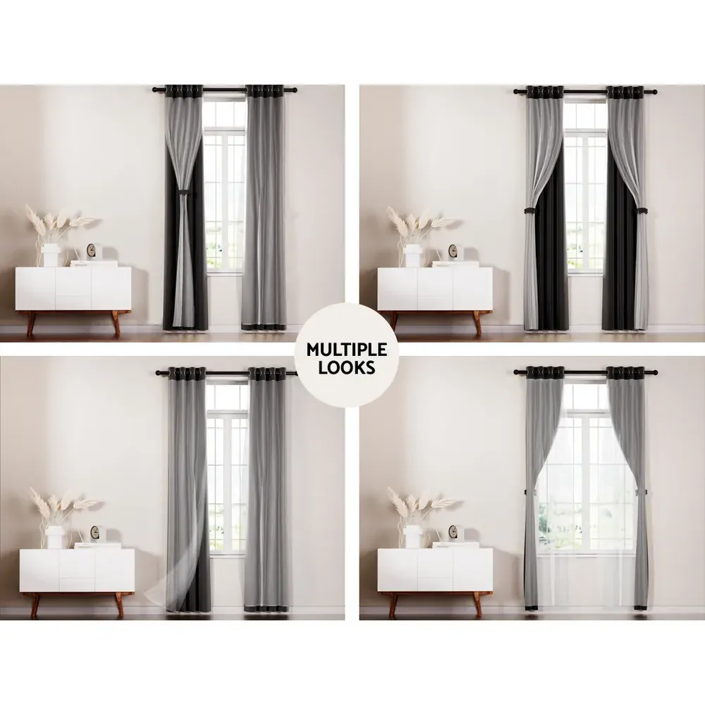 2X 132x160cm Blockout Sheer Curtains Black Price