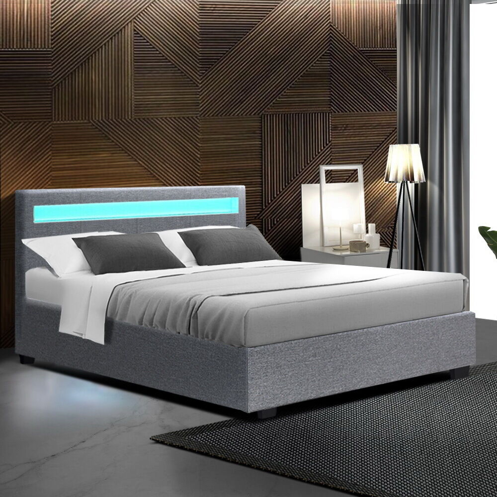 Washpool LED Bed Frame PU Leather Gas Lift Storage Price