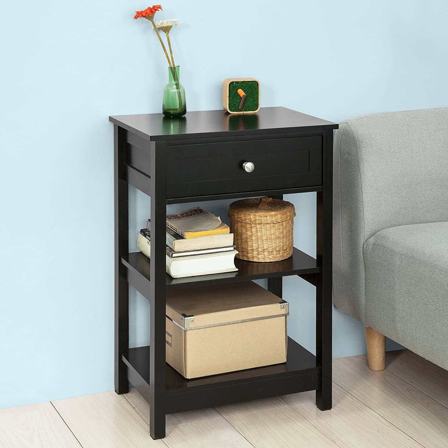Tuscaloosa Black Bedside Table with 1 Drawer and 2 Shelves Price