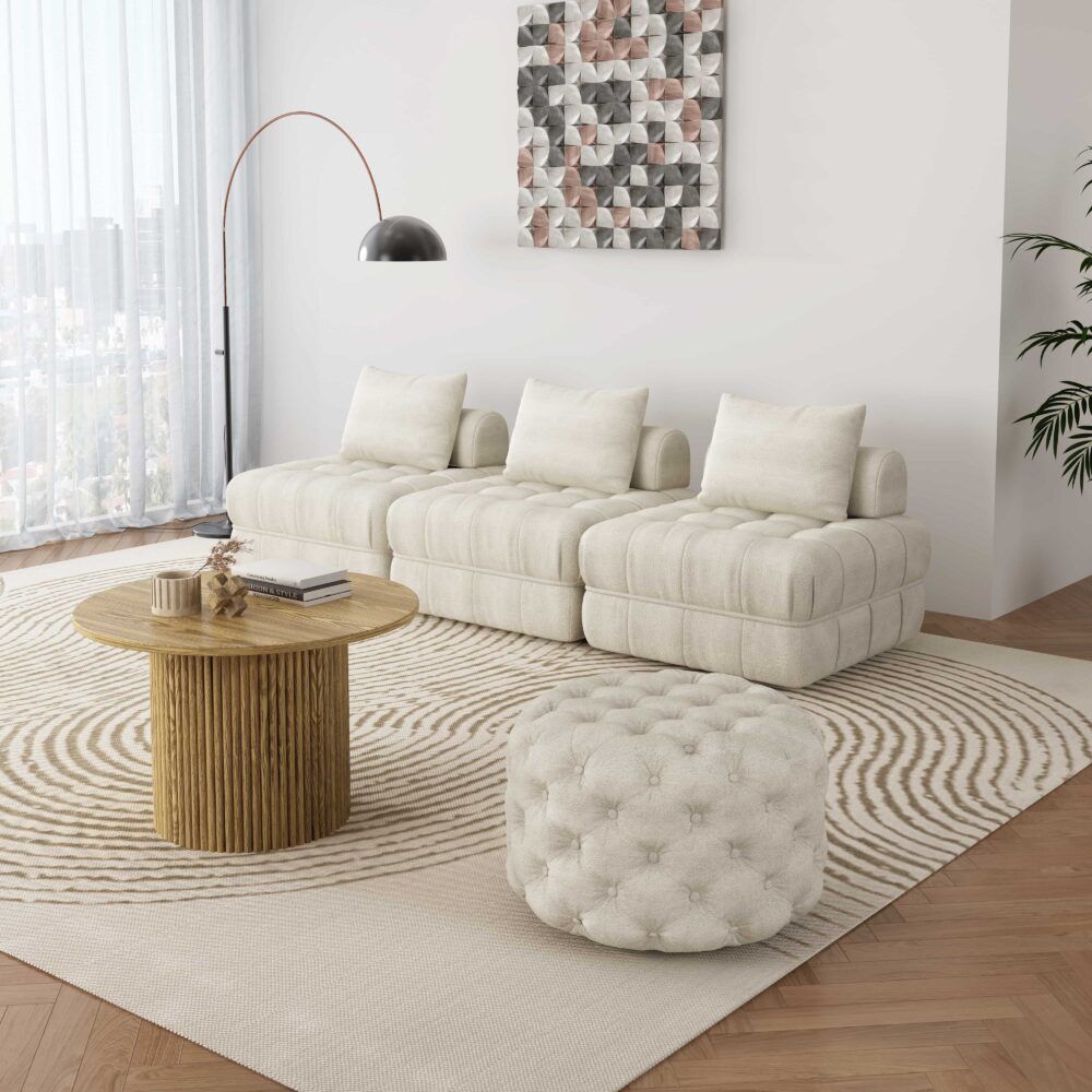Bouclé White Ottoman-Round Price