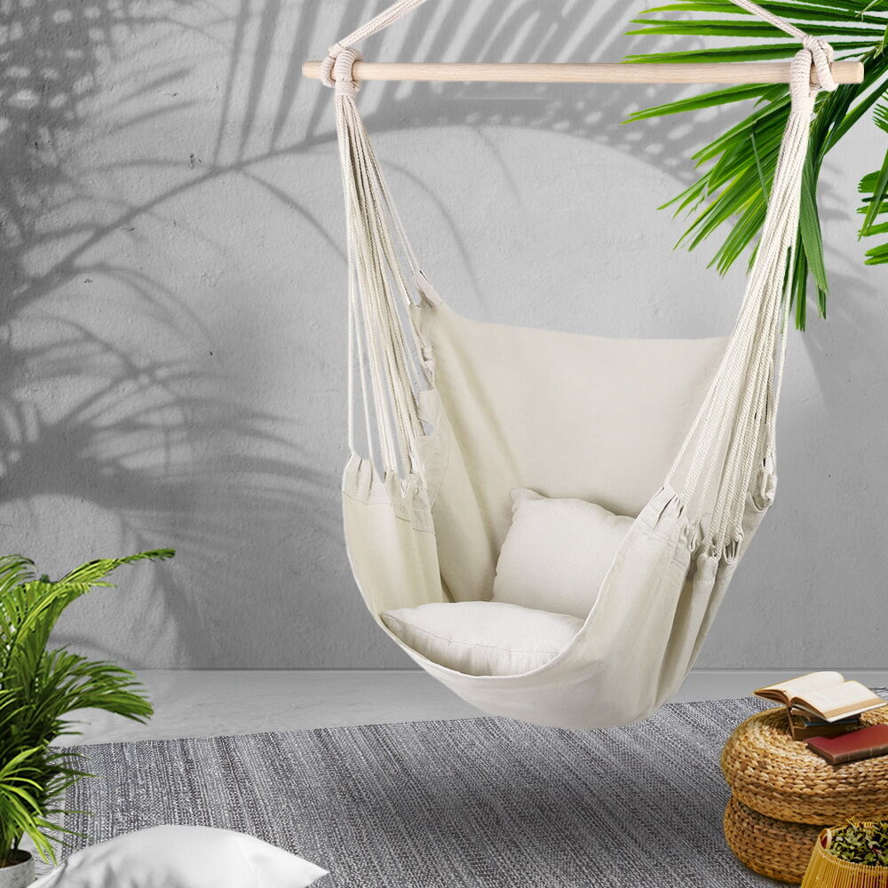 Gardeon Hammock Chair Outdoor Camping Hanging Hammocks Cushion Pillow Cream Price
