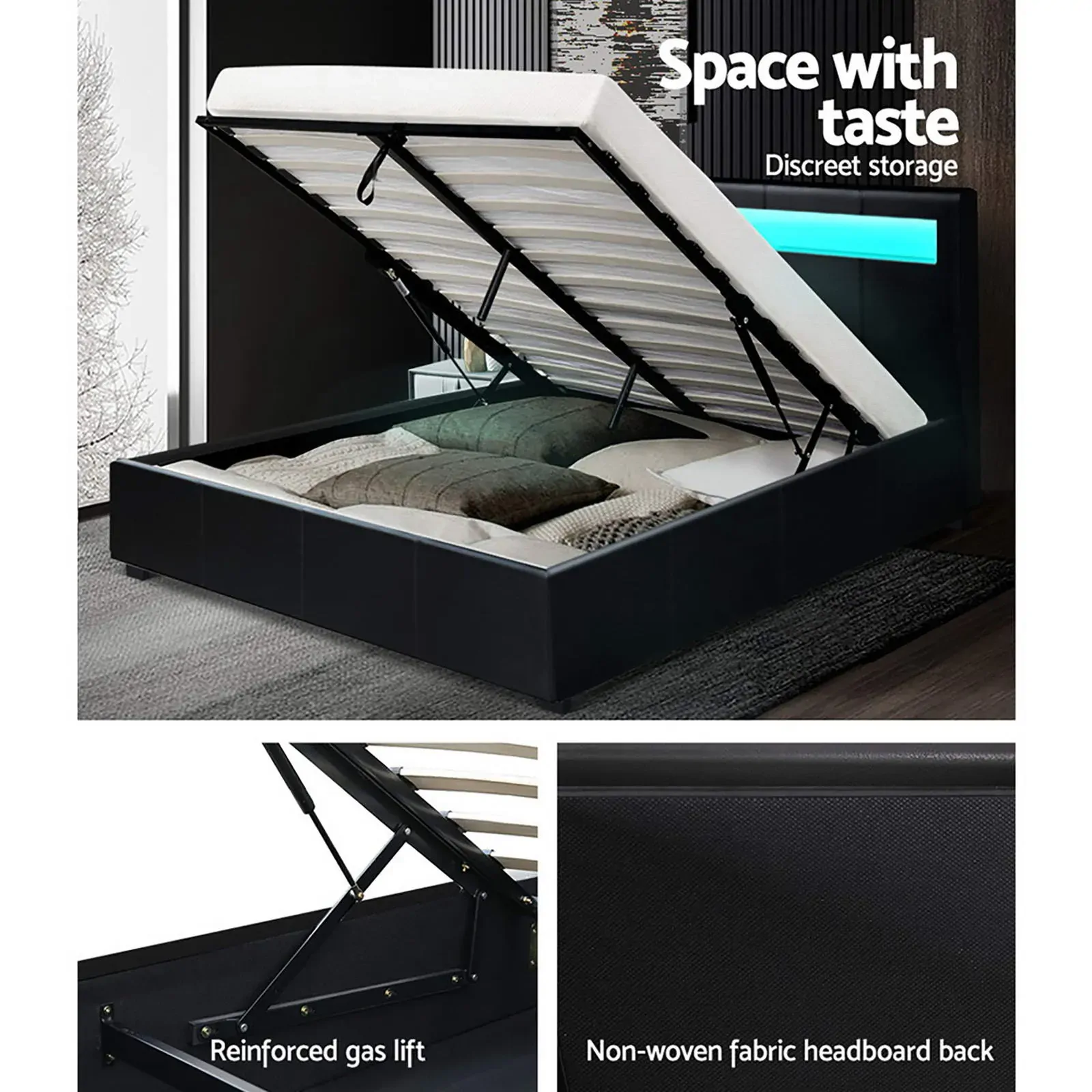 Washpool LED Bed Frame PU Leather Gas Lift Storage Price