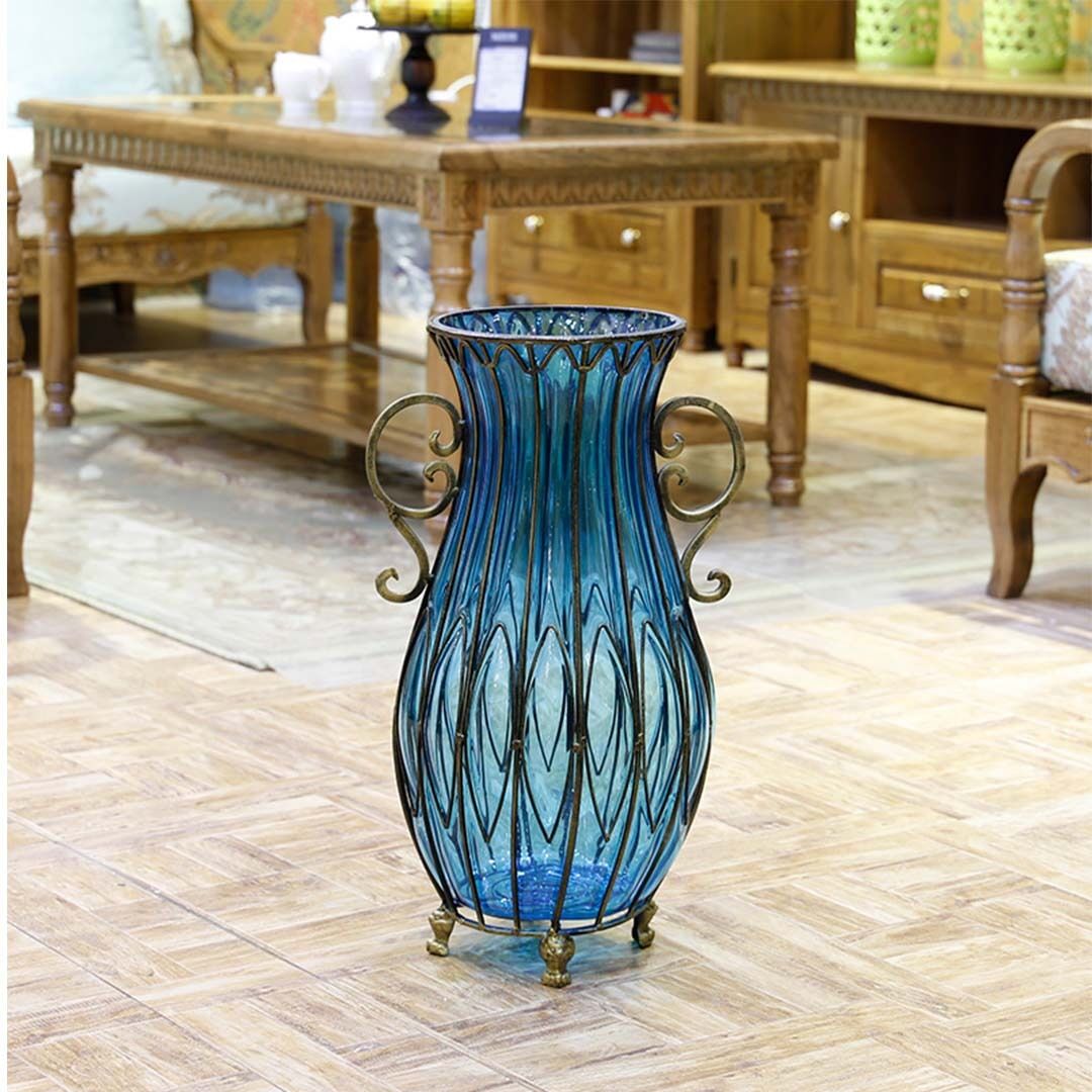 50cm Glass Oval Floor Vase with Metal Flower Stand Price