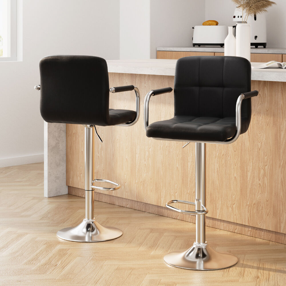 Artiss 2x Bar Stools Leather Gas Lift w/Armrest Black Artiss 2x Bar Stools Leather Gas Lift w/Armrest Black