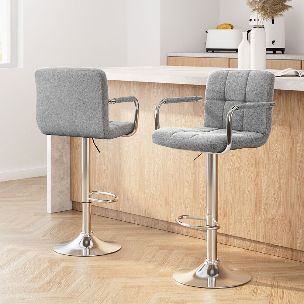 Artiss 2x Bar Stools Fabric Gas Lift w/Armrest Grey Artiss 2x Bar Stools Fabric Gas Lift w/Armrest Grey