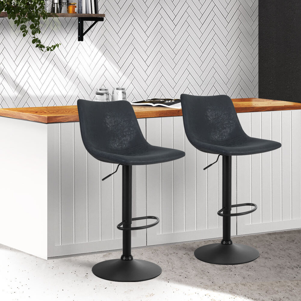2x Bar Stools Vintage Leather Swivel Gas Lift Black 2x Bar Stools Vintage Leather Swivel Gas Lift Black