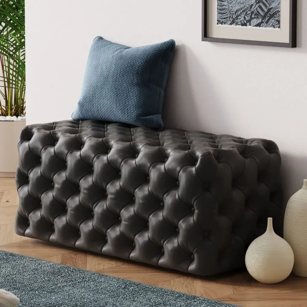 Black Leathaire Ottoman-Rectangular Black Leathaire Ottoman-Rectangular