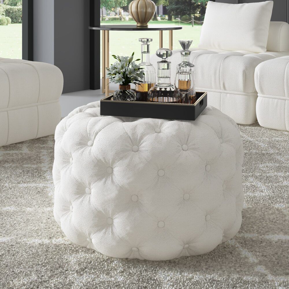 Bouclé White Ottoman-Round Bouclé White Ottoman-Round