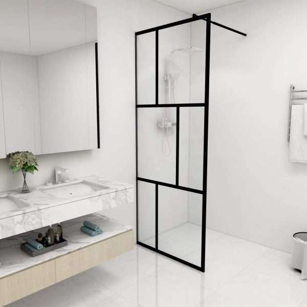 Walk-in Shower Wall with Tempered Glass Black