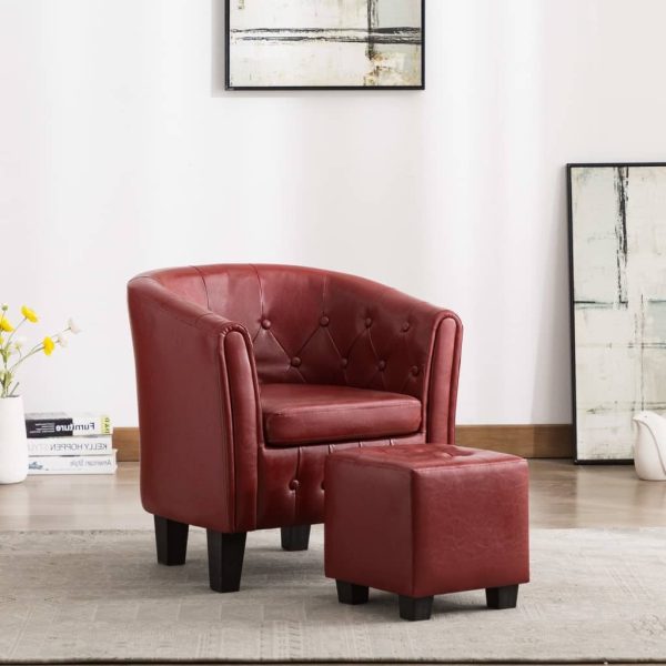 Tub Chair with Footstool Wine Red Faux Leather