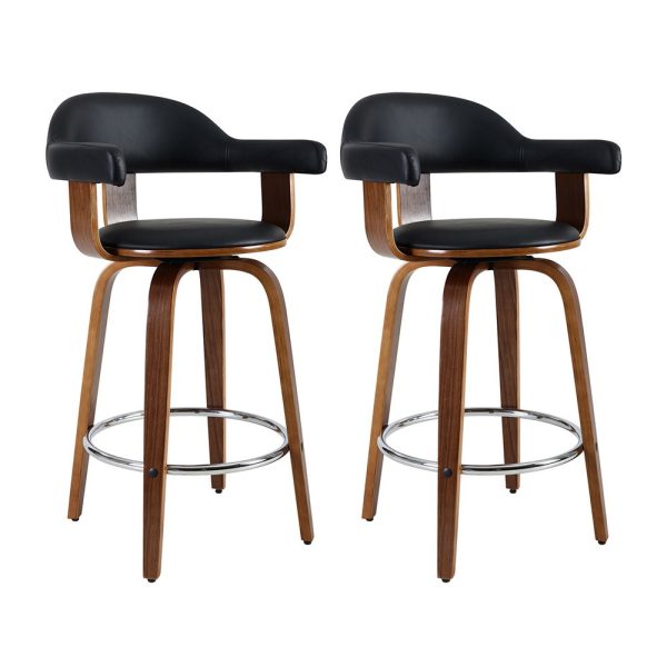 Set of 2 Bar Stools PU Leather Wooden Swivel – Wood, Chrome