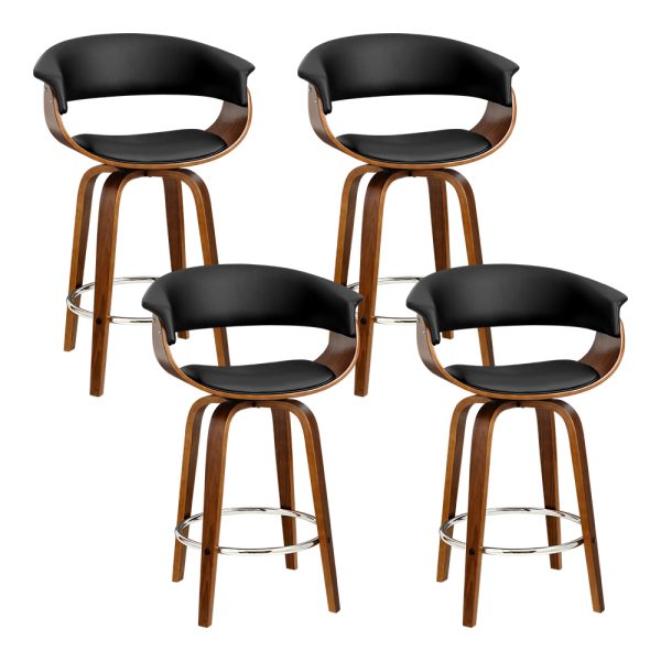 Set of 4 Swivel PU Leather Bar Stool – Wood and Black