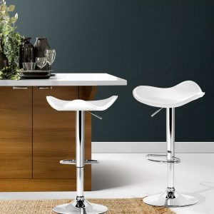 2x Bar Stools Leather Gas Lift Chair White