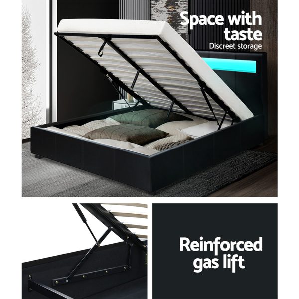 Cole LED Bed Frame PU Leather Gas Lift Storage – Black Double