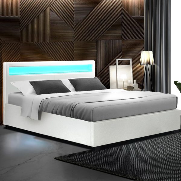 Artiss Bed Frame Double Size Gas Lift RGB LED White Cole