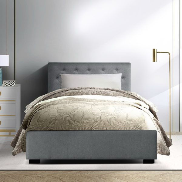 Artiss Vila Bed Frame Fabric Gas Lift Storage – Grey King Single
