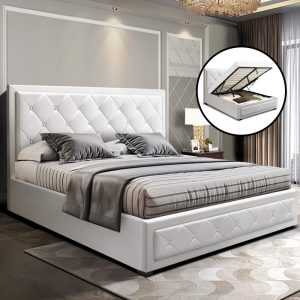 Artiss Tiyo Bed Frame PU Leather Gas Lift Storage – White Queen