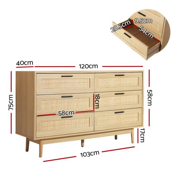 6 Chest of Drawers Rattan Tallboy Cabinet Bedroom Clothes Storage Wood