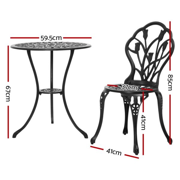 3PC Outdoor Setting Cast Aluminium Bistro Table Chair Patio Black
