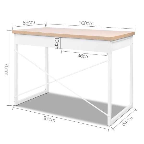 Metal Desk with Drawer – White with Wooden Top