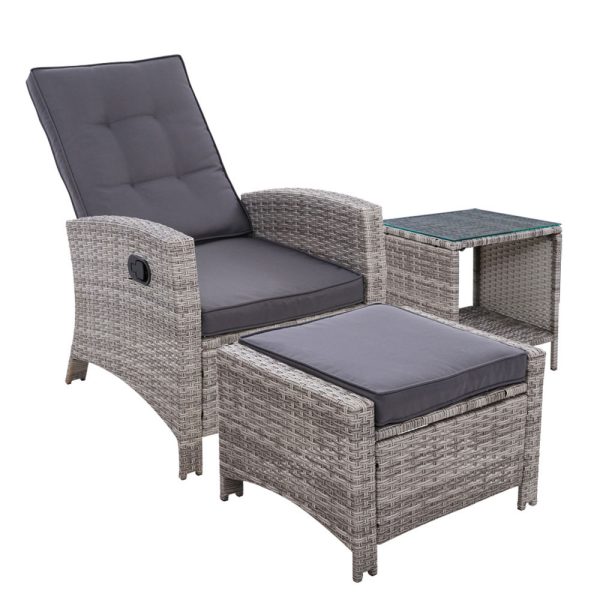 Outdoor Setting Recliner Chair Table Set Wicker lounge Patio Furniture Grey