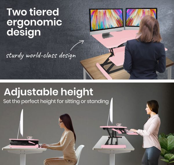 Fortia Desk Riser 77cm Wide Adjustable Sit to Stand for Dual Monitor, Keyboard, Laptop, Pink