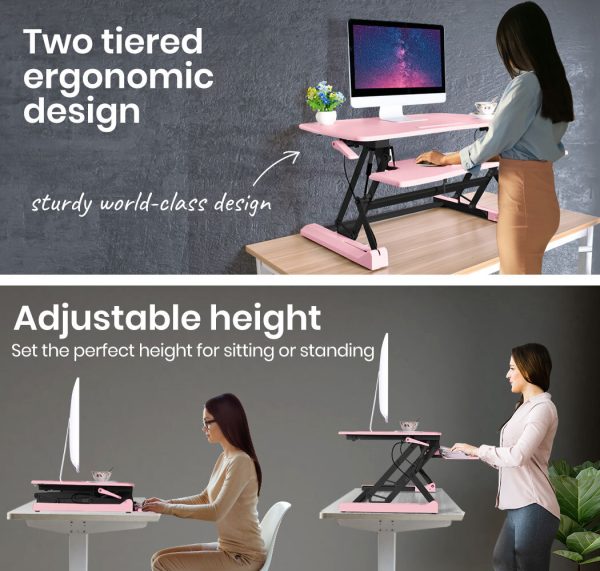 Fortia Desk Riser 90cm Wide Adjustable Sit to Stand for Dual Monitor, Keyboard, Laptop, Pink