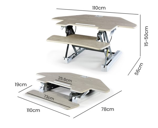 Fortia Corner Desk Riser 110cm Wide Adjustable Sit to Stand for Dual Monitor, Keyboard, Laptop, Beech