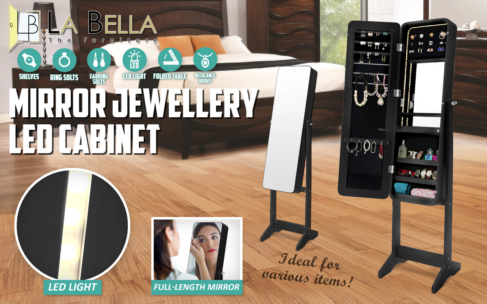 La Bella Mirror Jewellery Cabinet FLASHY 146cm Organiser LED