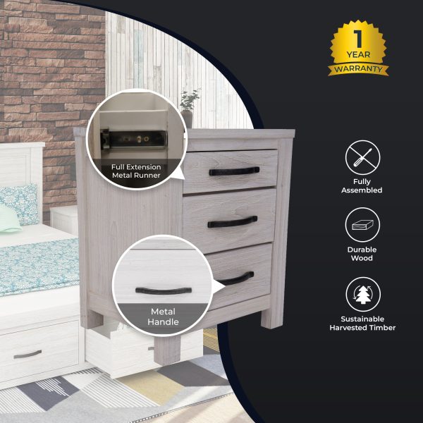 Foxglove Bedside Tables 3 Drawers Storage Cabinet Shelf Side End Table – White