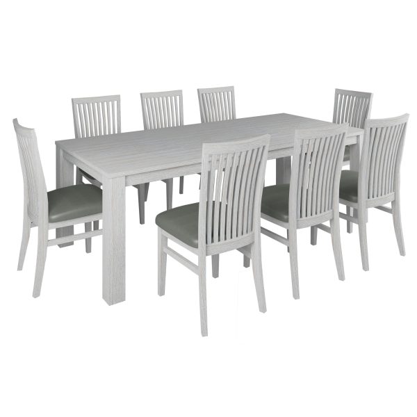 9pc Dining Set 225cm Table 8 PU Seat Chair Solid Mt Ash Wood – White