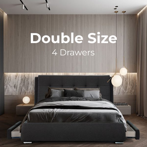 Affton Double Size Bed Frame Timber Mattress Base With Storage Drawers – Grey