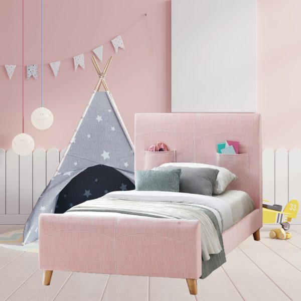 Altamonte Kids Child Single Bed Fabric Upholstered Children Kid Timber Frame – Pink