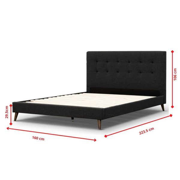 Volga Queen Bed Platform Frame Fabric Upholstered Mattress Base – Charcoal