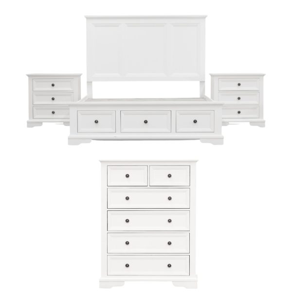 Alameda 4pc King Bed Frame Bedroom Suite Timber Bedside Tallboy Package – White