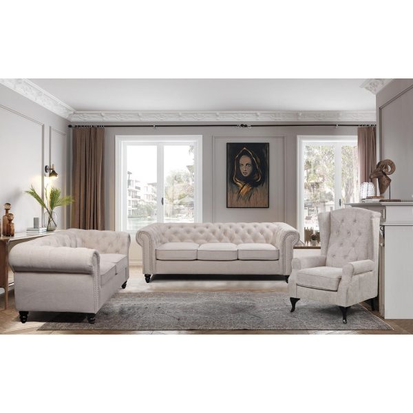 Mellowly 3 Seater Sofa Fabric Uplholstered Chesterfield Lounge Couch – Beige
