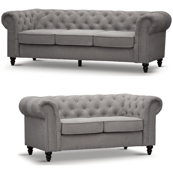 Bridgewater 3 + 2 Seater Sofa Fabric Uplholstered Chesterfield Lounge Couch – Grey