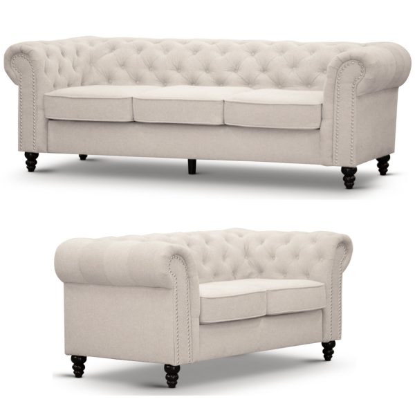 Bridgewater 3 + 2 Seater Sofa Fabric Uplholstered Chesterfield Lounge Couch – Beige