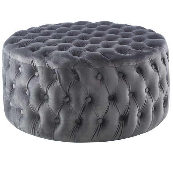 Cosmos Tufted Velvet Fabric Round Ottoman Footstools – Grey