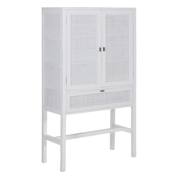 Jasmine Tall Storage Cabinet 90cm 2 Door 1 Drawer Mindi Wood Rattan – White