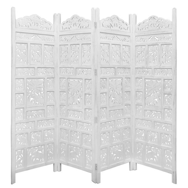 Elephant 4 Panel Room Divider Screen Privacy Shoji Timber Wood Stand – White