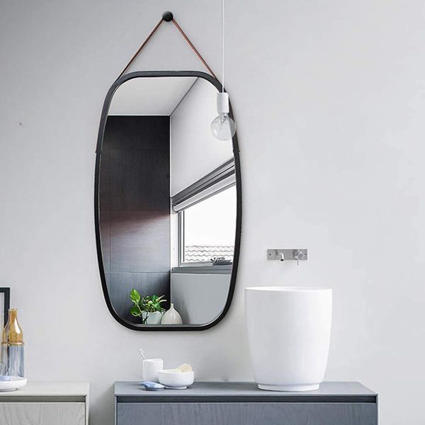 Black Bathroom Wall Mount Hanging Bamboo Frame Mirror Adjustable Strap Wall Mirror Home Decor