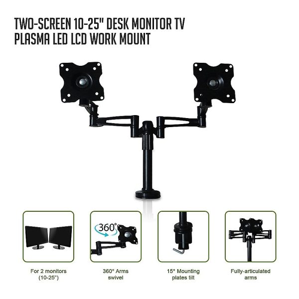 Two-Screen 10-25″ Desk Monitor TV Plasma LED LCD Work Mount