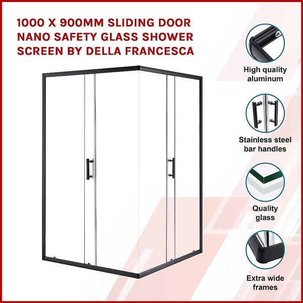 1000 x 900mm Sliding Door Nano Safety Glass Shower Screen By Della Francesca