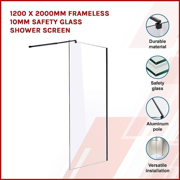 1200 x 2000mm Frameless 10mm Safety Glass Shower Screen